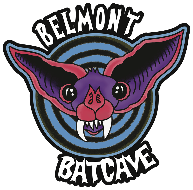 Belmont Batcave — a purple bat with fangs in front of a blue radial circle
